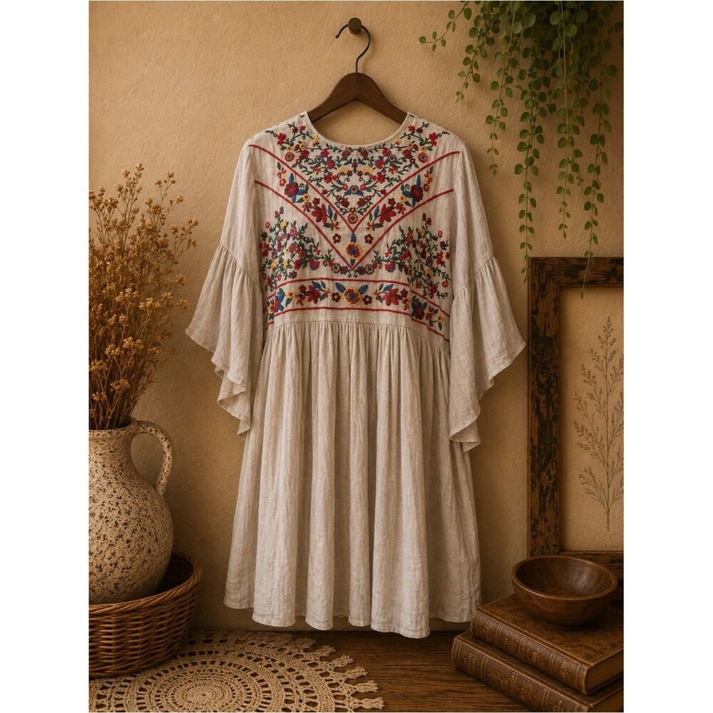 Umgee Multicolored Boho Babydoll Floral Embroidered Dress‎ Size Medium